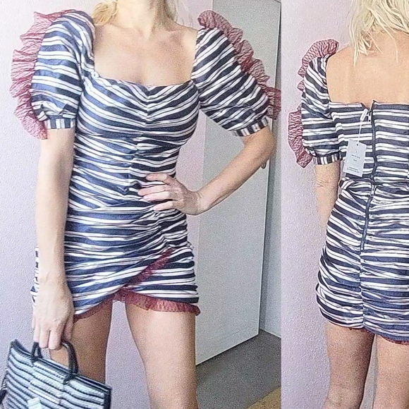 Nwt Delphine metallic suiting silver pinstriped sheer tip sleeve skirt set 4 - Picture 8 of 9